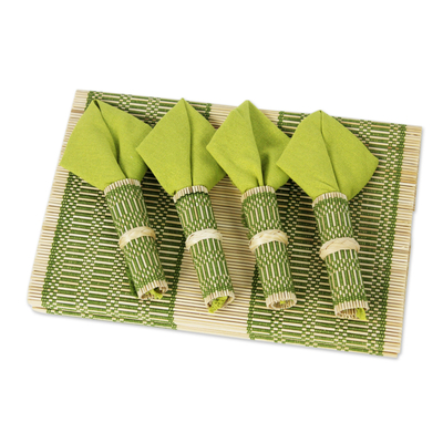 Cotton and bamboo table linens, 'Green Thai Classic' (set for 4) - Artisan Crafted Bamboo and Cotton Table Linens (Set of 4)