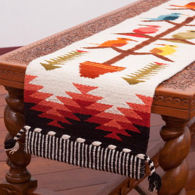 Wool blend table runner, 'Songs of the Countryside' - Handwoven Wool Blend Bird-Themed Table Runner from Peru
