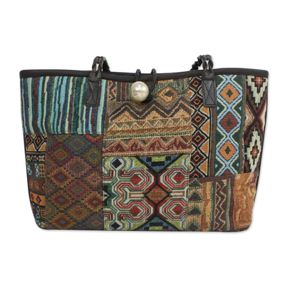 Leather accent cotton blend shoulder bag, 'Colorful Geometry' - Handmade Patchwork Cotton Blend Shoulder Bag from Thailand