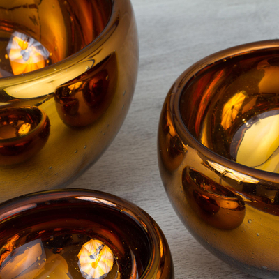 Blown glass bowls, 'Chrome Amber' (set of 3) - Set of 3 Modern Metallic Amber Hand Blown Glass Bowls