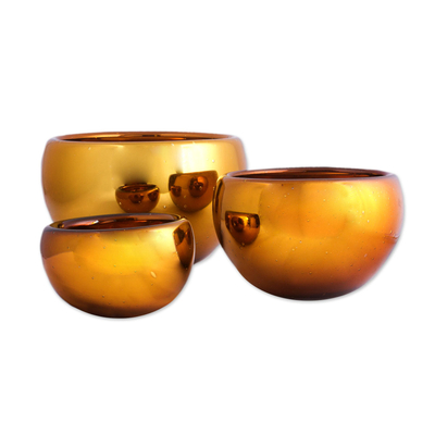 Blown glass bowls, 'Chrome Amber' (set of 3) - Set of 3 Modern Metallic Amber Hand Blown Glass Bowls