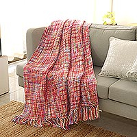 Throw, 'Vibrant Pastel' - Multicolored Throw Blanket with Fringes from India