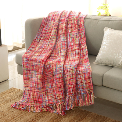 Throw, 'Vibrant Pastel' - Multicoloured Throw Blanket with Fringes from India