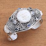 Rainbow Moonstone and Blue Topaz Cuff Bracelet from Bali, 'Keeper of the Moon'