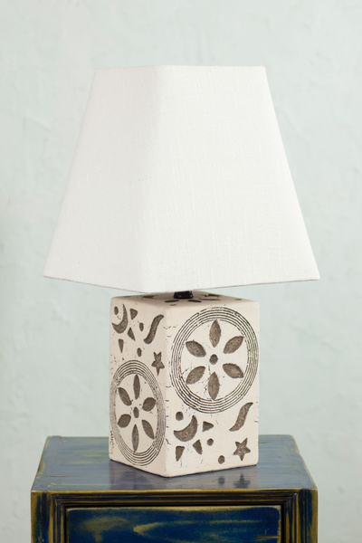Ceramic table lamp, 'Cosmos II' - Handmade Ceramic Table Lamp with Cotton Shade