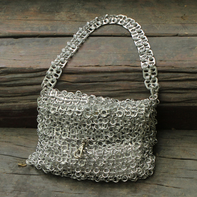 Soda pop-top bag, 'Mini-Shimmery Silver' - Unique Recycled Aluminum Soda Pop-Top Handbag