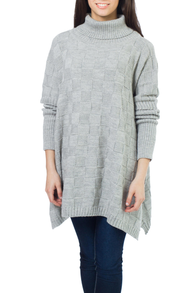 Alpaca blend poncho, 'Gray Contrasts' - Handcrafted Alpaca Wool Blend Turtleneck Poncho Sweater