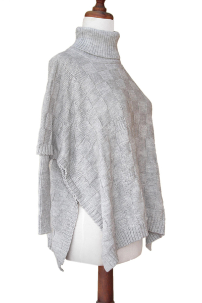 Alpaca blend poncho, 'Gray Contrasts' - Handcrafted Alpaca Wool Blend Turtleneck Poncho Sweater