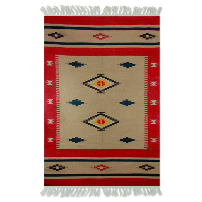 Wool dhurrie rug, 'Scarlet Sands' (4x6) - Multicolor Geometric Dhurrie Rug (4x6)