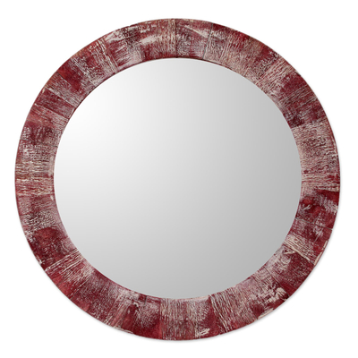 Wood wall mirror, 'Rustic Wine' - Rustic Wine and Off White Round Wood Wall Mirror
