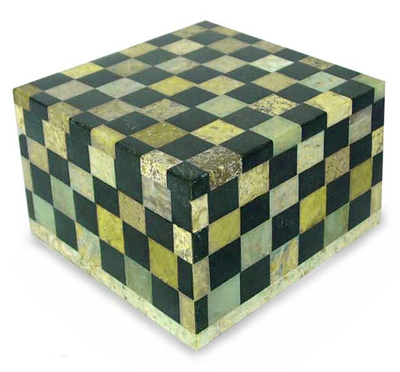 Soapstone jewelry box, 'Check' - Fair Trade Soapstone Inlay Jewelry Box