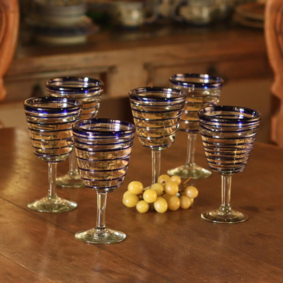 Wine glasses, 'Cobalt Spirals' (set of 6) - Handblown Recycled Glass Six Striped Blue Wine Glasses