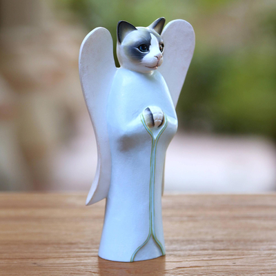 Wood statuette, 'Kitty Cat Angel' - Wood statuette