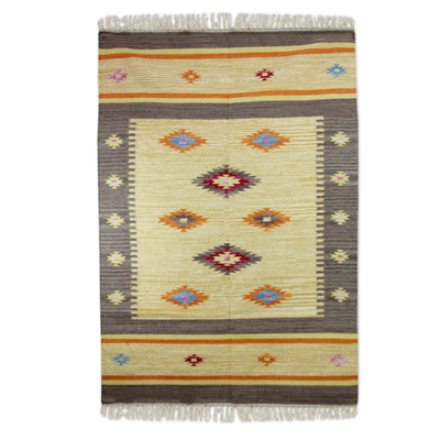 Wool dhurrie rug, 'Festive Stars' (4x6) - Wool dhurrie rug (4x6)