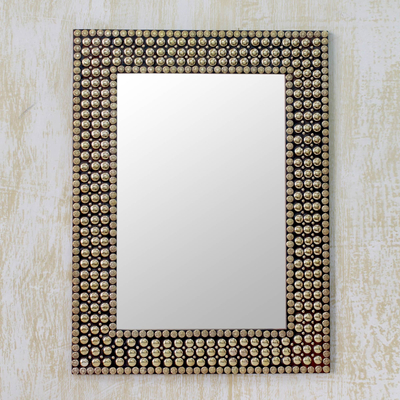 Brass wall mirror, 'Golden Staccato' - Hand-crafted Brass Stud Mosaic Wall Mirror from India
