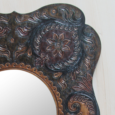 Leather wall mirror, 'Floral' - Dark Green Leather Wall Mirror Peru Colonial Style