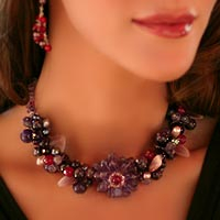 Pearl and amethyst choker, 'Fireside' - Beaded Amethyst and Pearl Necklace