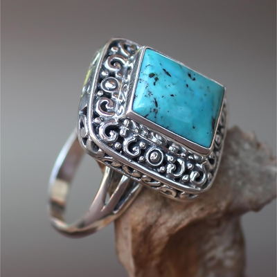 Turquoise cocktail ring, 'Window on Heaven' - Sterling Silver Handcrafted Natural Turquoise Cocktail Ring