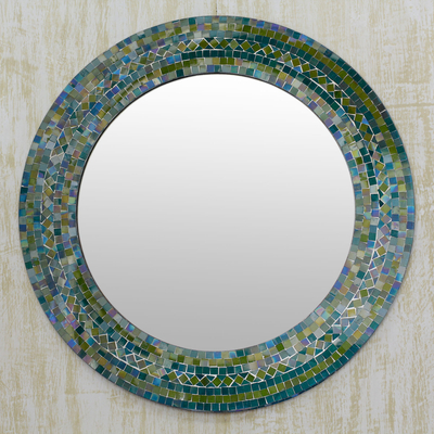 Glass mosaic wall mirror, 'Forest Charm' - Indian Handcrafted Glass Mosaic Wall Mirror
