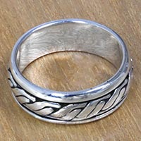Men's sterling silver band ring, 'Lightning Track' - Textured Silver Handcrafted Men's Band Ring from Bali