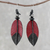 Leather and bone dangle earrings, 'Red Feather' - Leather and Bone Feather Earrings in Red from Thailand