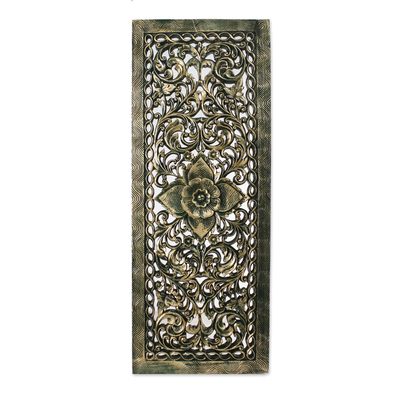 Teak relief panel, 'Imperial Blossom' - Floral Wood Relief Panel