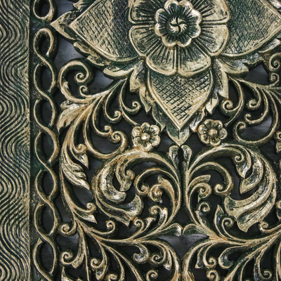 Teak relief panel, 'Imperial Blossom' - Floral Wood Relief Panel