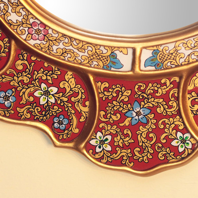 Reverse painted glass wall mirror, 'Floral Crimson' - Unique Red and Gold Reverse Painted Glass Wall Mirror