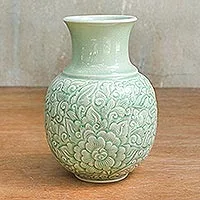 Celadon ceramic vase, 'Jade Landscape' - Celadon Ceramic Vase