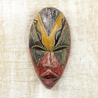 African wood mask, 'Stunning Amahle' - colourful Sese Wood and Brass African Mask from Ghana