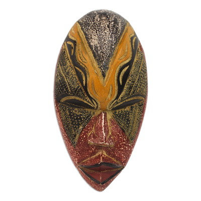 Colorful Sese Wood and Brass African Mask from Ghana