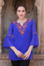 Embroidered tunic, 'Royal Roses' - Blue and Orange Floral Motif Embroidered Tunic from India