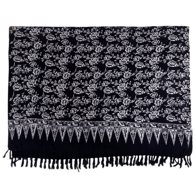 Rayon batik sarong, 'Tropical Garden in Black' - Black and White Rayon Sarong with Floral Batik Motifs