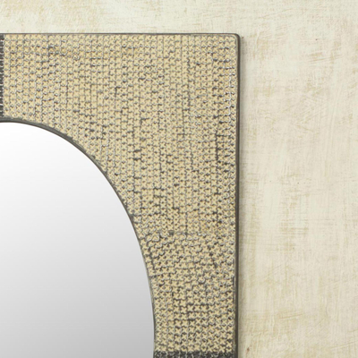 Wood and metal wall mirror, 'Oval Quadrants' - Artisan Crafted Aluminum and Wood Wall Mirror from Ghana