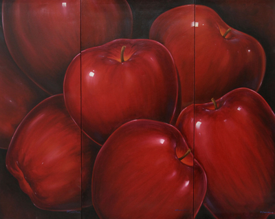 (tríptico) - Óleo sobre lienzo Pintura tríptico de manzana roja madura