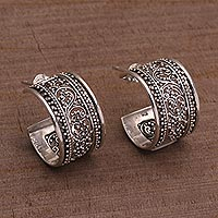 Sterling silver half-hoop earrings, 'Merajan Majesty' - Sterling Silver Openwork Half-Hoop Earrings from Bali