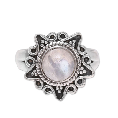 Rainbow moonstone cocktail ring, 'Shine Through the Mist' - Rainbow Moonstone and Sterling Silver Star Cocktail Ring