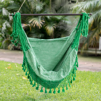 Cotton hammock swing, 'Take Me to the Forest' - Green Hand Crafted Cotton Hammock Swing from Guatemala