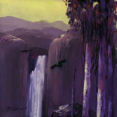 'Torrent' (2007) - Andean Waterfall Landscape in Purple Shades Oil Painting