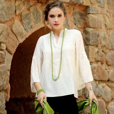 Silk tunic, 'Serene Breeze' - 100% Silk Ecru-Colored Tunic with Bell Sleeves from India