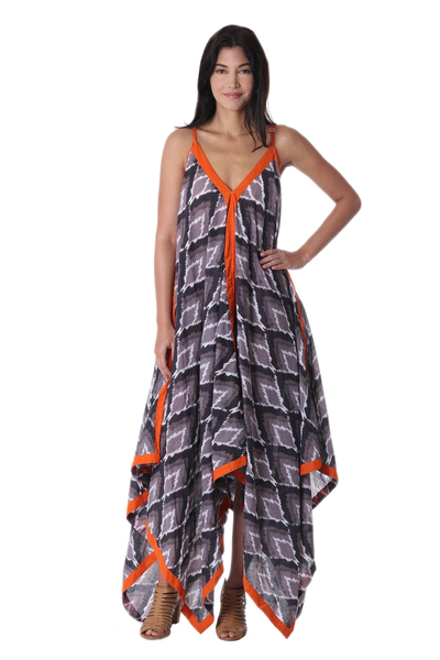 Grey Black and Orange Print Cotton Maxi Dress