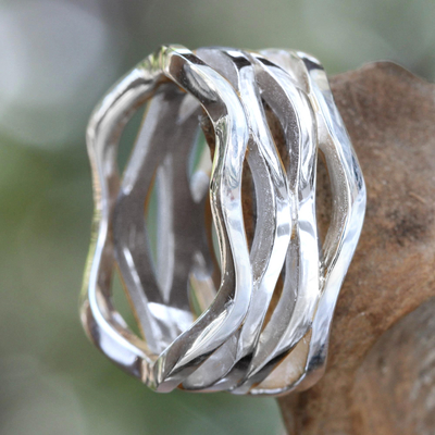 Sterling silver band ring, 'Ocean Waves' - Wavy Sterling Silver Band Ring
