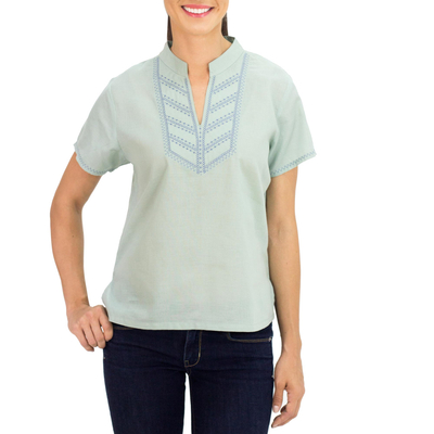 Cotton blouse, 'Chiang Mai Journey' - Women's Light Green Cotton Blouse with Short Sleeves