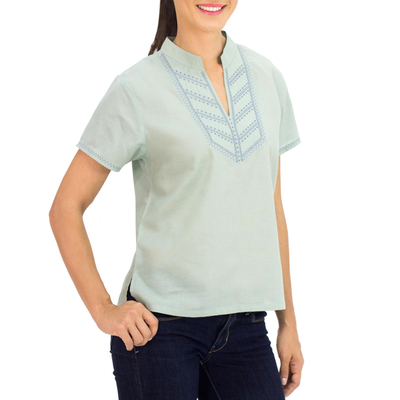 Cotton blouse, 'Chiang Mai Journey' - Women's Light Green Cotton Blouse with Short Sleeves