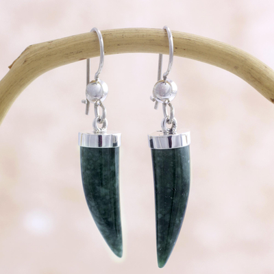 Jade dangle earrings, 'Forest Cat' - Artisan Crafted Sterling Silver Dark Green Jade Earrings