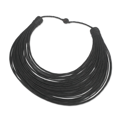 Leather statement necklace, 'Bayala' - Handmade Black Leather Strand Statement Necklace from Ghana