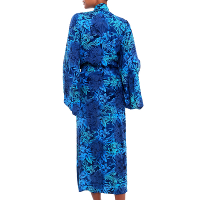 Batik rayon robe, 'Bedugul Dusk' - Navy and Green Batik Print Long Sleeved Rayon Robe with Belt