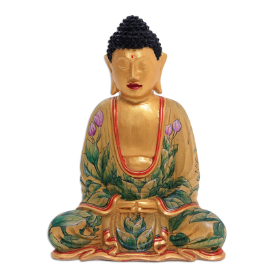 Wood statuette, 'Buddha of Paradise' - Hand Painted Wood Sculpture