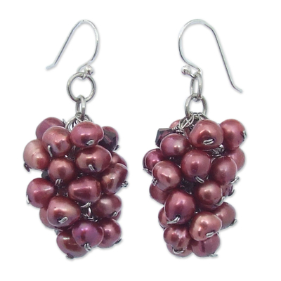 Cultured pearl cluster earrings, 'Roses at Twilight' - Rose Cultured Pearl Cluster Earrings