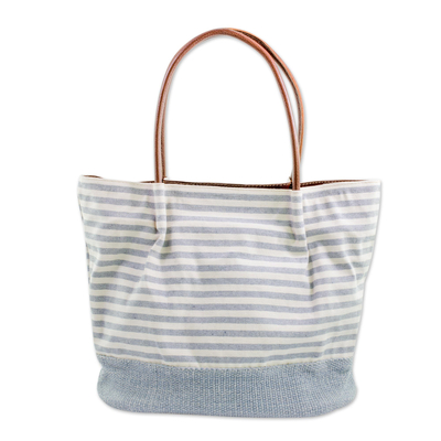 Leather accent cotton tote handbag, 'Bright Sea' - Leather Accent Striped Handwoven Cotton Tote Handbag